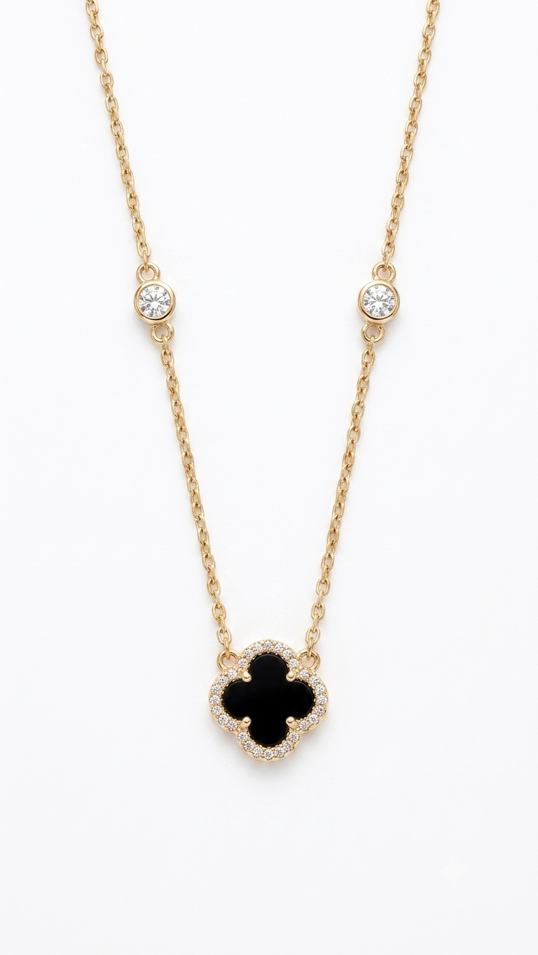 Collana Quadrifoglio Nero in Argento 925 Dorato e Zirconi
