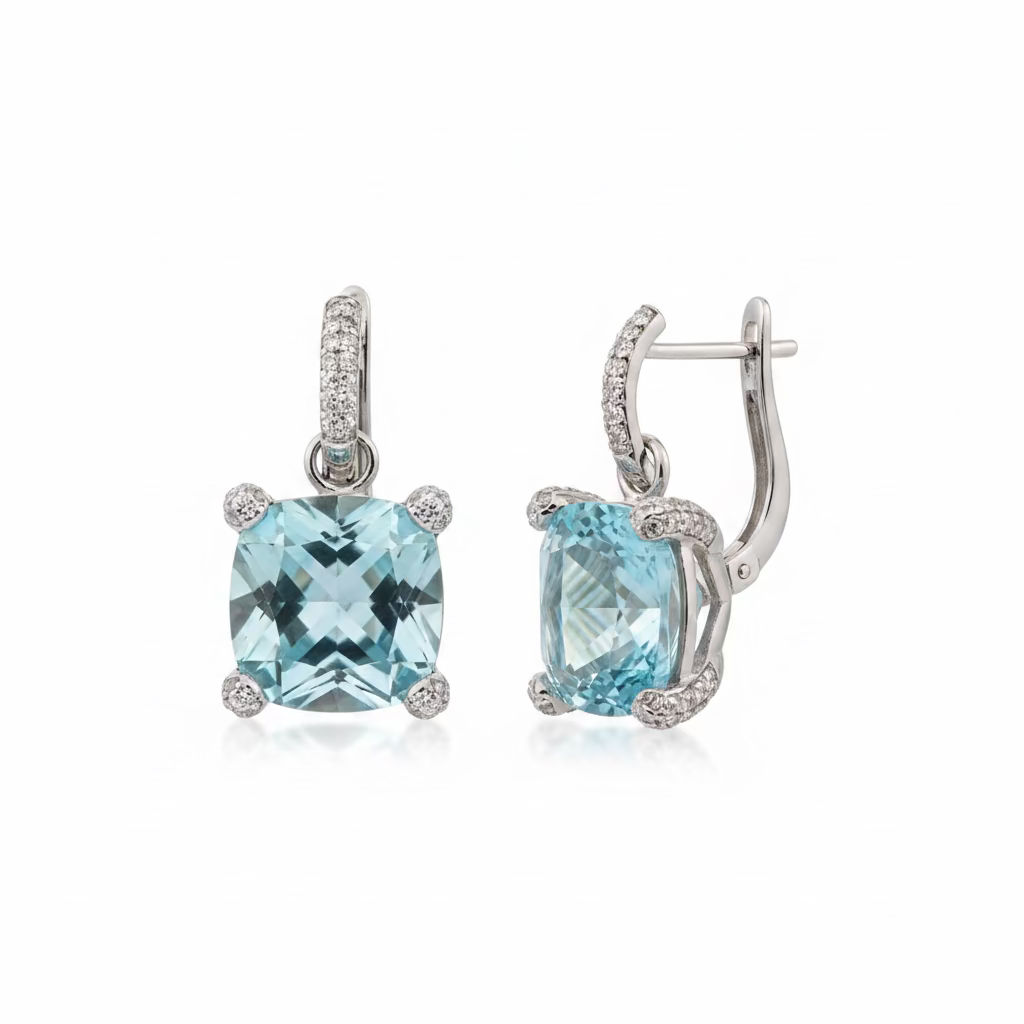 Orecchini Pendenti Square in Argento 925 con Cristallo Aqua e Dettagli White (12x12mm)