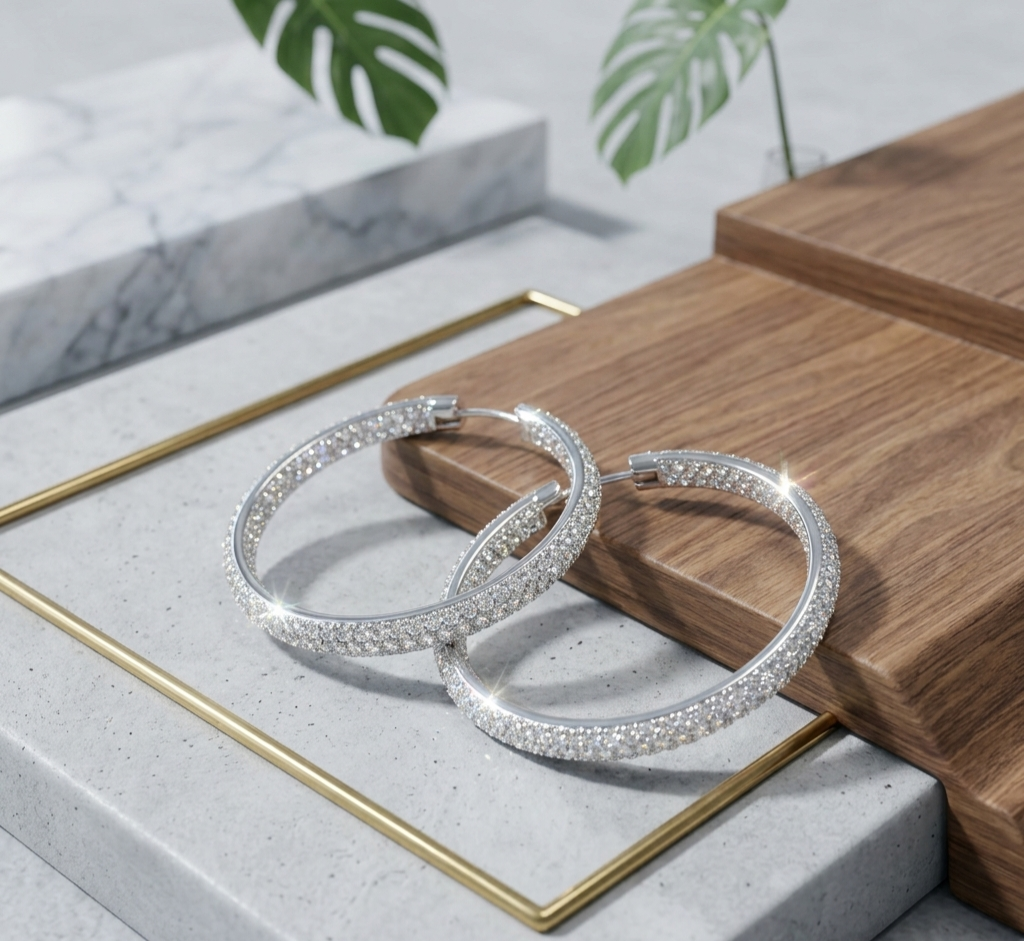 Orecchini a Cerchio "Full Brilliance" in Argento 925 con Pavé di Zirconi Interno ed Esterno – Diametro 3 cm