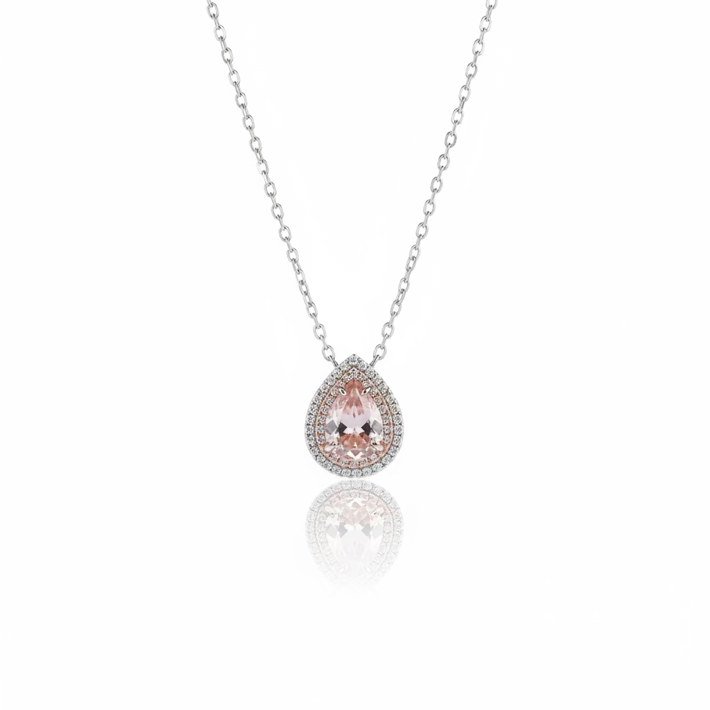 Collana Girocollo a Goccia in Argento 925 Bicolore con Zircone Rosa e Doppio Halo (9x7mm)